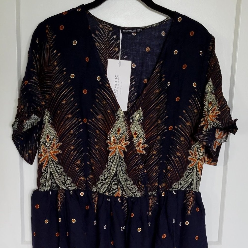 Size 14-16 BloomChic NWT Navy Bandana Pocket Button Wrap split midi Dress